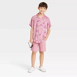⬇️⬇️⬇️Boys' Dino Tropical Button-Down Short Sleeve Resort Shirt - Pink